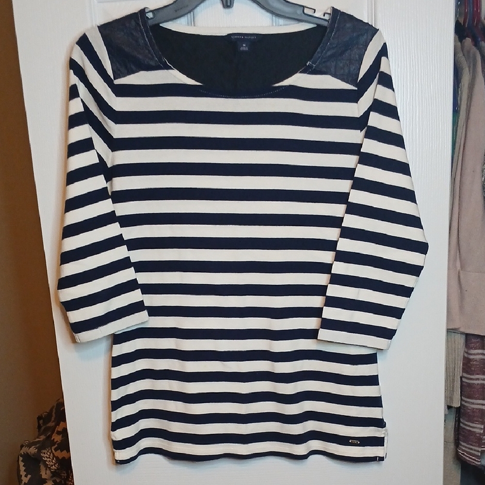 Tommy Hilfiger Navy and White Striped Top Womens Medium